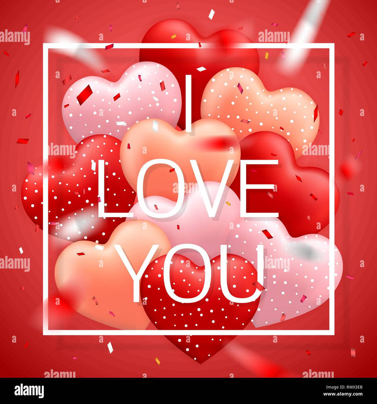 i love you happy valentines day red pink and orange balloon in form of heart with ribbon and confett