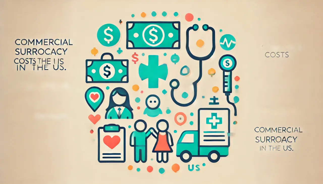Illustration representing commercial surrogacy costs in the US, with dollar signs, medical symbols, and family icons to highlight financial and medical aspects.