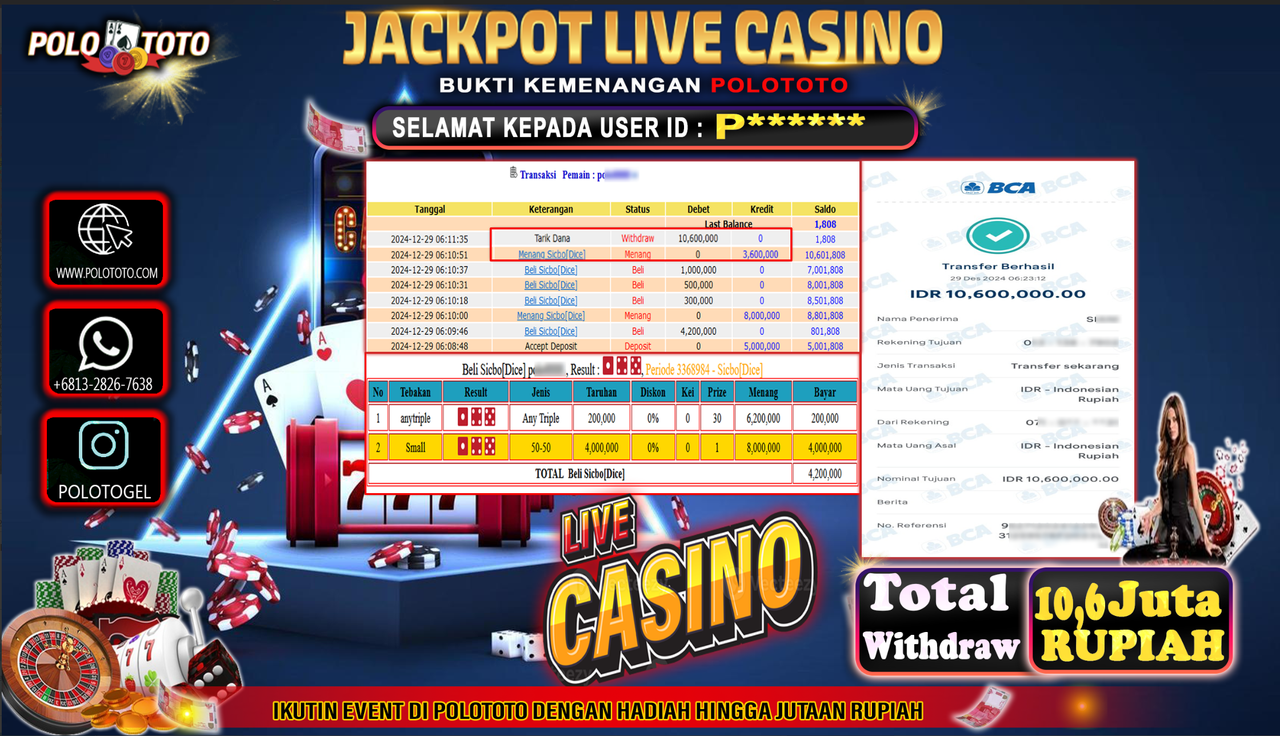 POLOTOTO JACKPOT LIVE CASINO SICBO DICE Rp.10,600.000,-