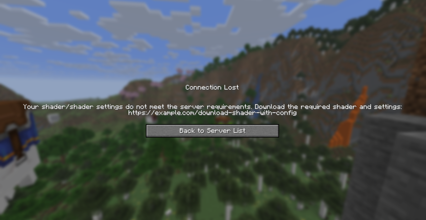 Server connection error screen: the player's shader or shader settings do not match the server's configuration. The error text suggests downloading the shader and shader settings from the specified link