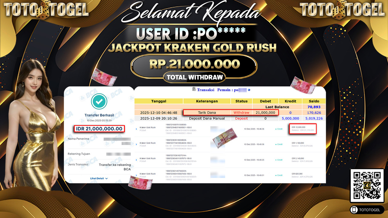 Bukti Pembayaran Jackpot Permainan Slot Kraken Gold Rush ID:PO***** LUNAS