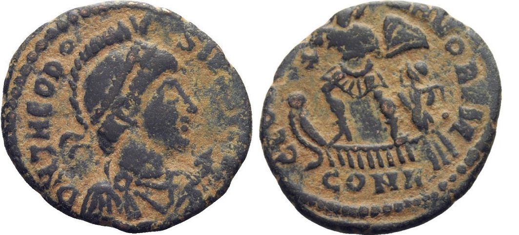 AE2 de cuño bárbaro a nombre de Teodosio I. GLORIA ROMANORVM. Emperador en barca Teodosio_i_barbaro