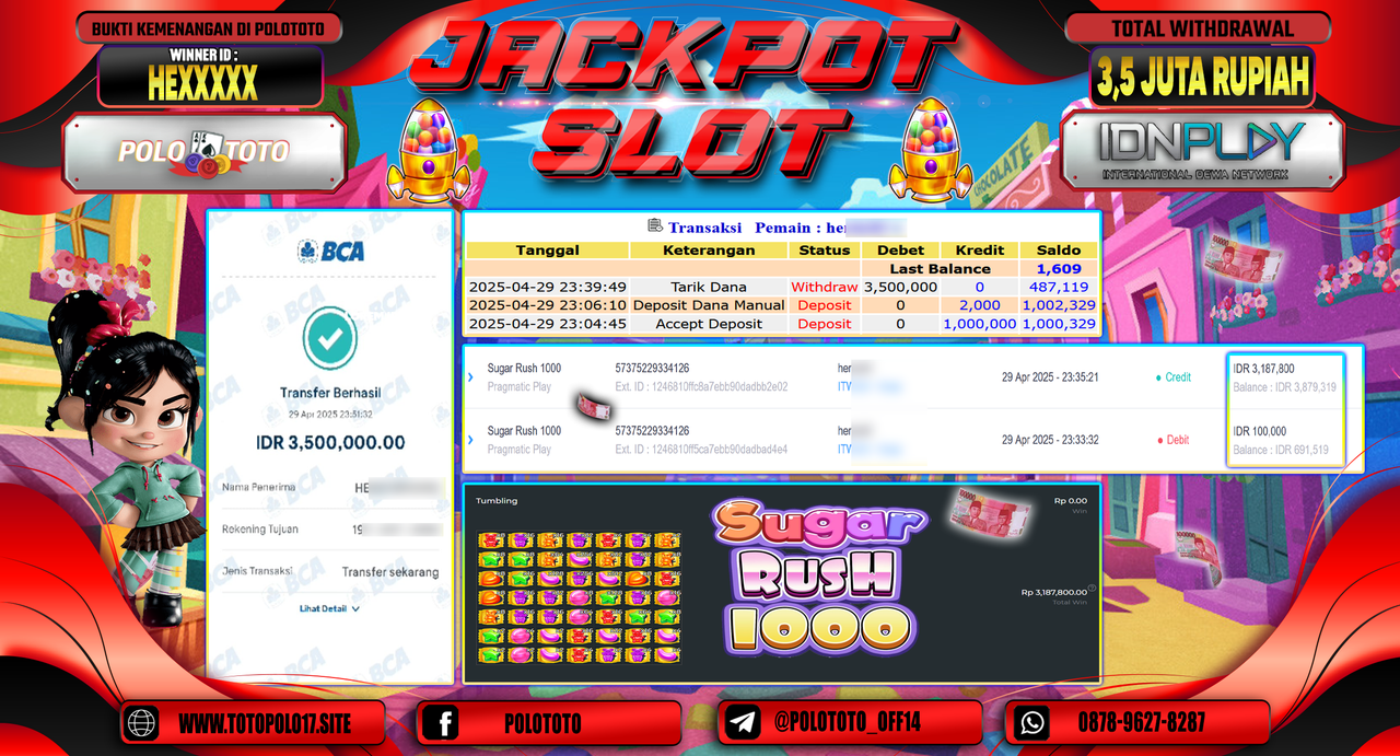 POLOTOTO JACKPOT SLOT SUGAR RUSH 1000 Rp.3.500.000,-