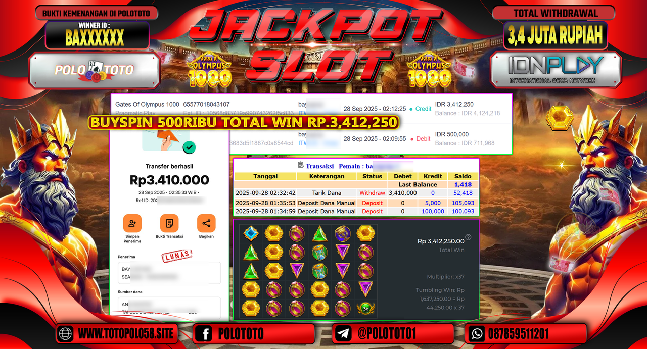 POLOTOTO JACKPOT SLOT GATES OF OLYMPUS 1000 Rp.3.400.000,- LUNAS