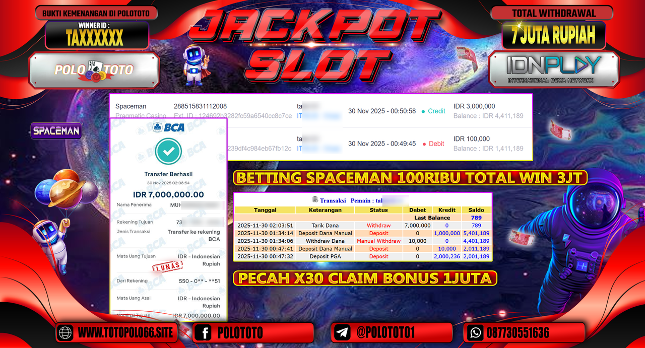 POLOTOTO JACKPOT SLOT SPACEMAN Rp.7.000.000,- LUNAS