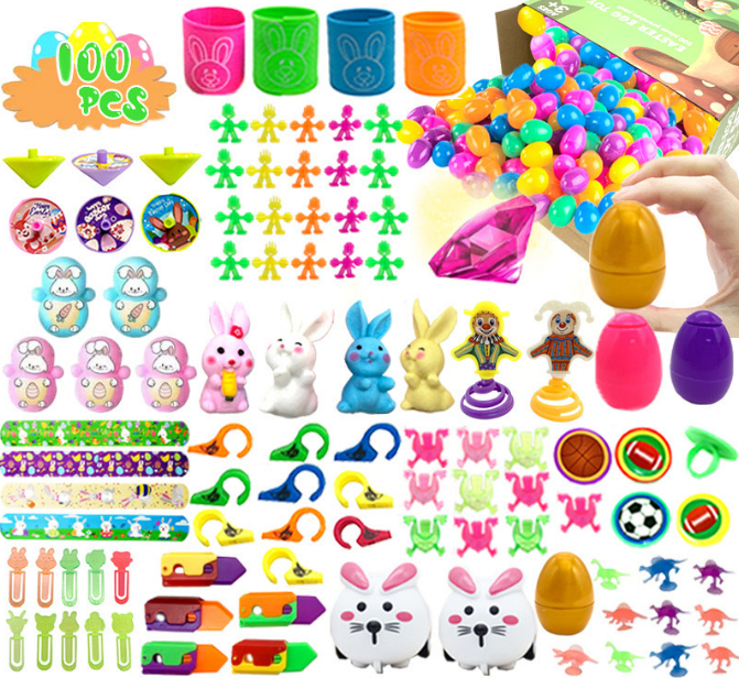 100 PCS Easter Party Favours Set with Plastic Eggs & Novelty Toys - Assorted Fillers for Kids Egg Hunts, Basket Stuffers & School Rewards