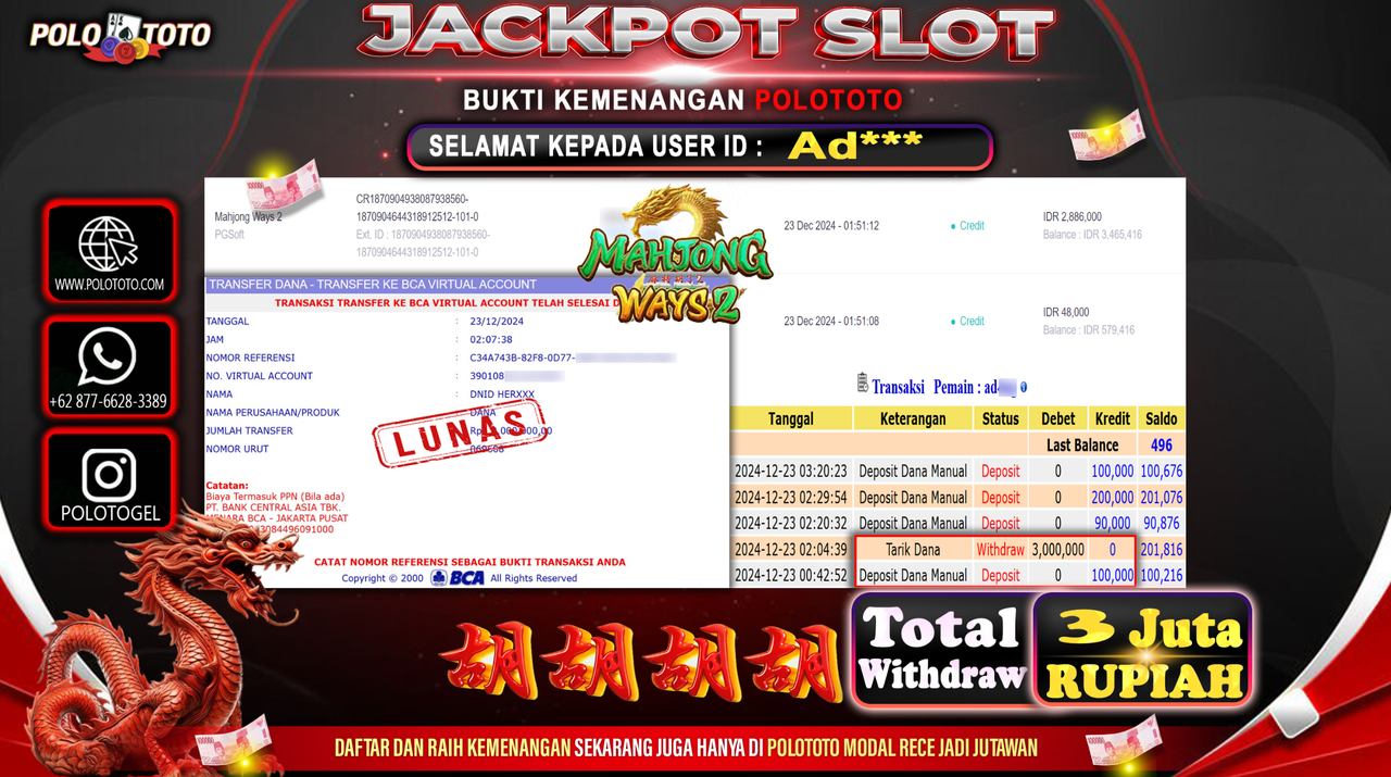 POLOTOTO JACKPOT SLOT MAHJONG WAYS 2 Rp.3,000.000,-