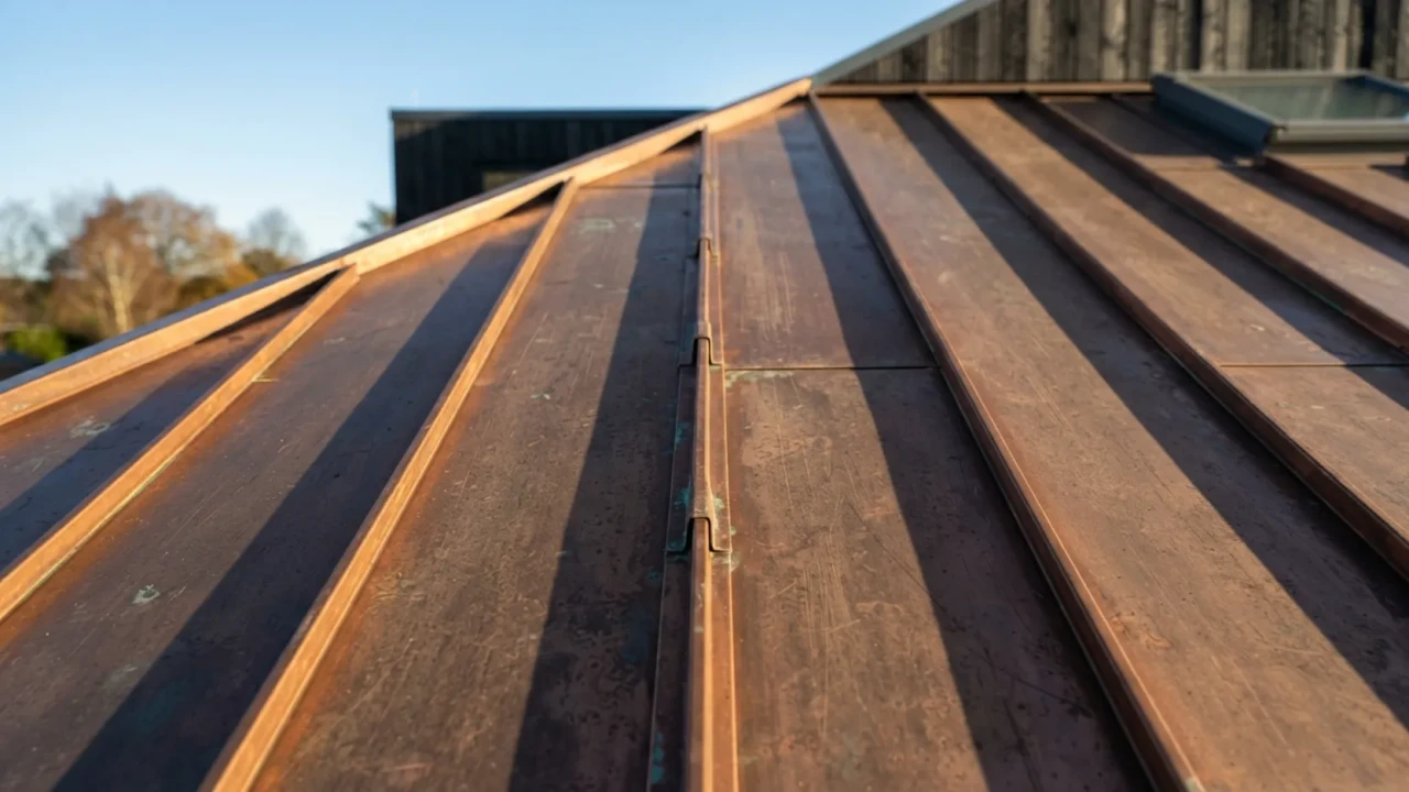 Standing seam copper roof panels with raised interlocking seams