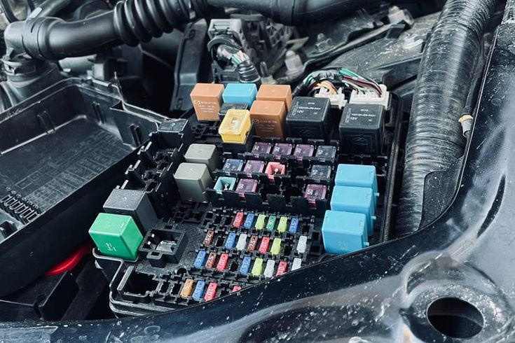 Car fuse box under the bonnet with coloured fuses