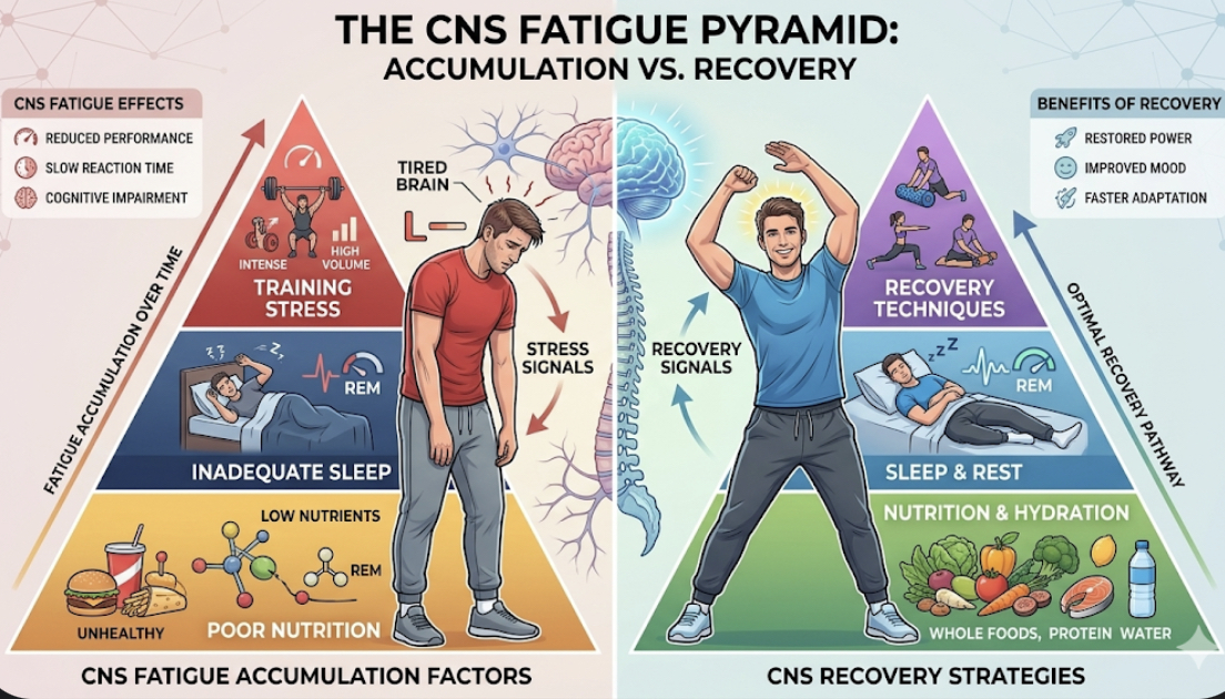 Pyramid showing CNS fatigue accumulation from training stress, inadequate sleep, and poor nutrition, with recovery strategies for lifters