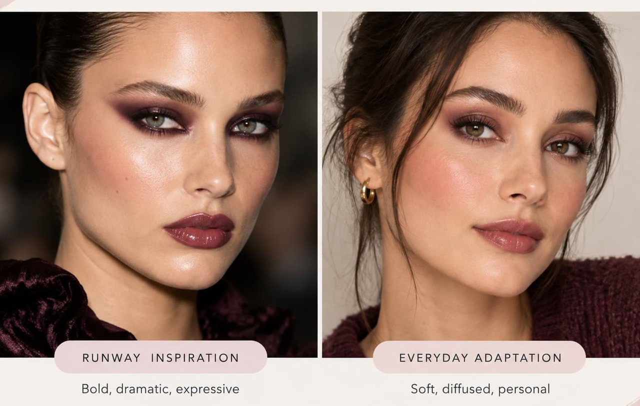 Runway-inspired plum smoky eye makeup compared with a softer, wearable fall makeup look. 
