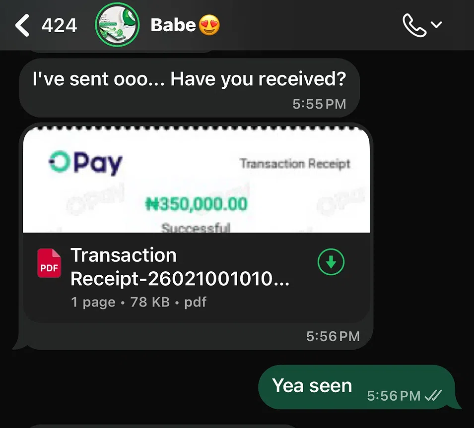 Chizoba's ₦1,500,000 bank credit alert