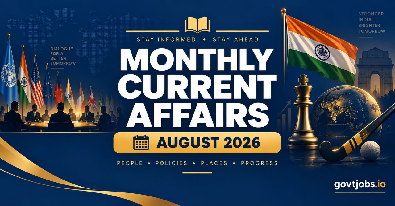 Monthly current affairs quiz cover for August 2026 govtjobs.io