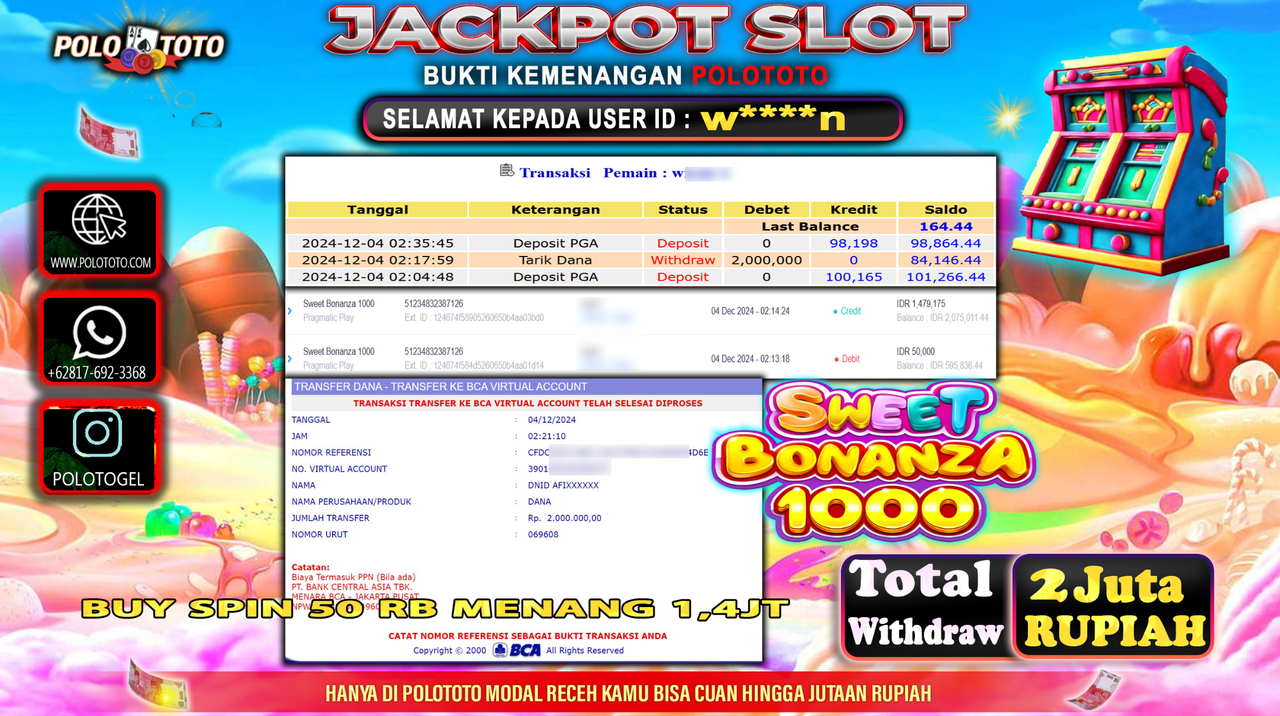 POLOTOTO JACKPOT SLOT SWEET BONANZA 1000 Rp.2,000.000,-