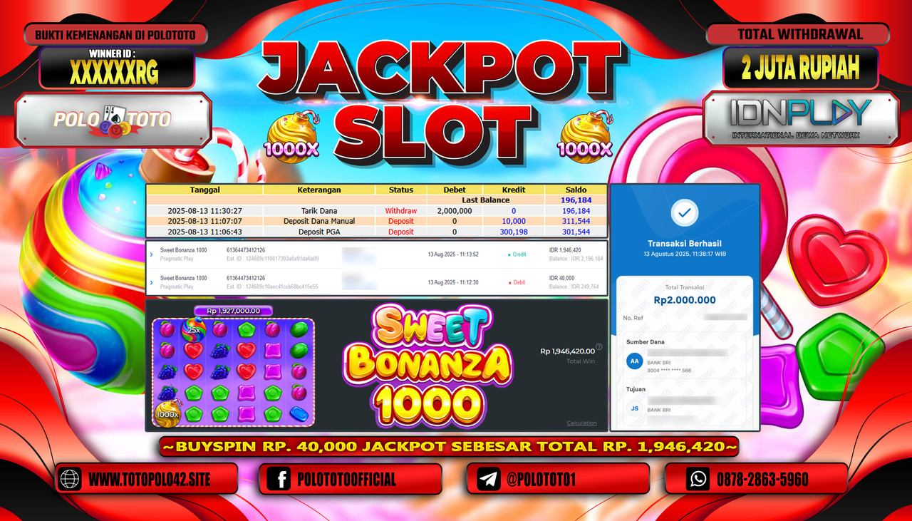 POLOTOTO JACKPOT SLOT SWEET BONANZA 1000 Rp.2.000.000,-LUNAS