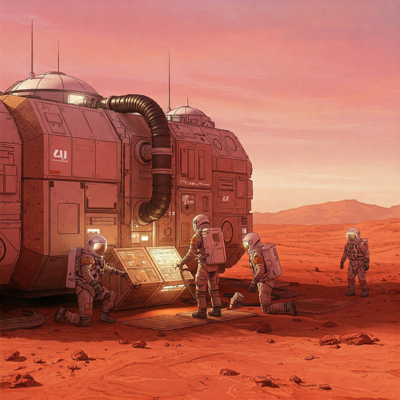 NASA scientists analyzing potential sites for Martian colonization using advanced 3D mapping and data visualization tools.