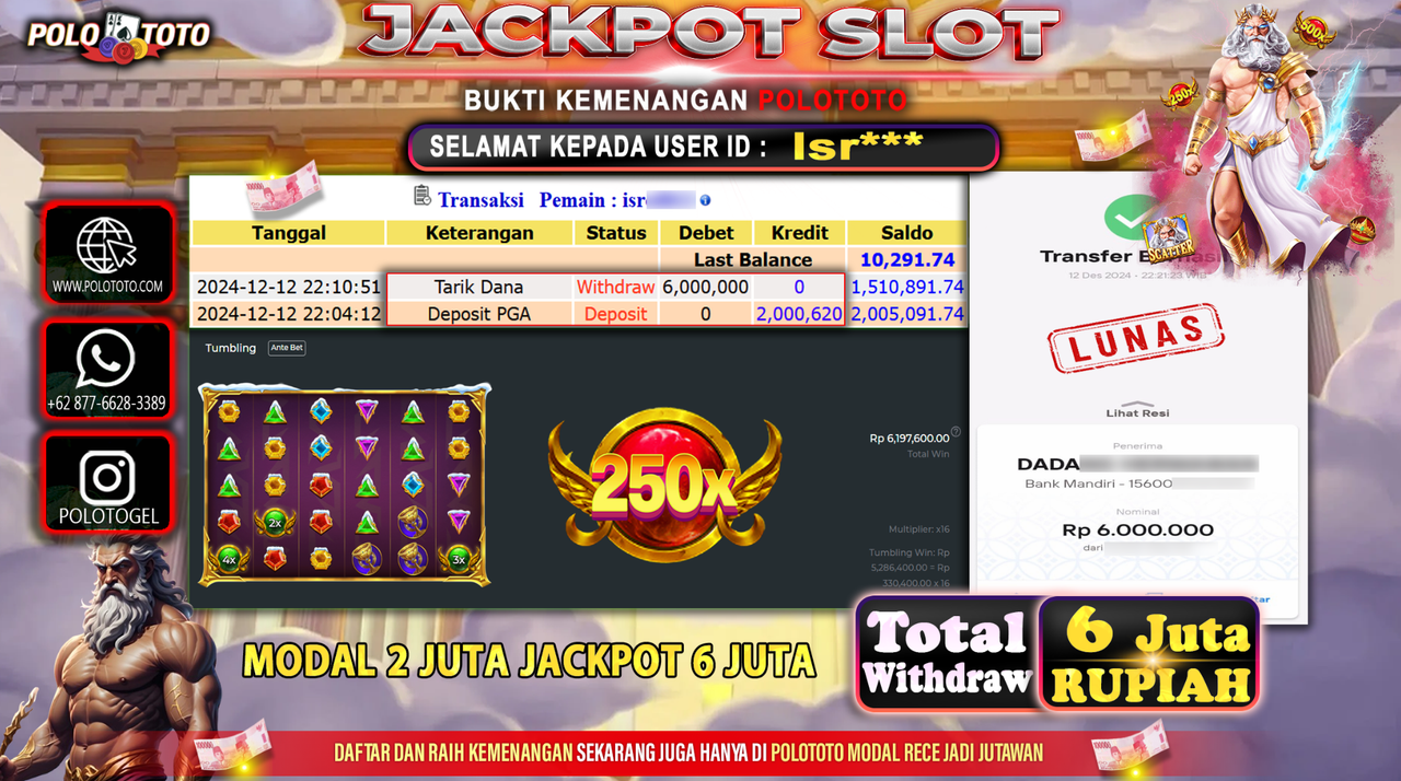 POLOTOTO JACKPOT SLOT GATES OF OLYMPUS Rp.6,000.000,-
