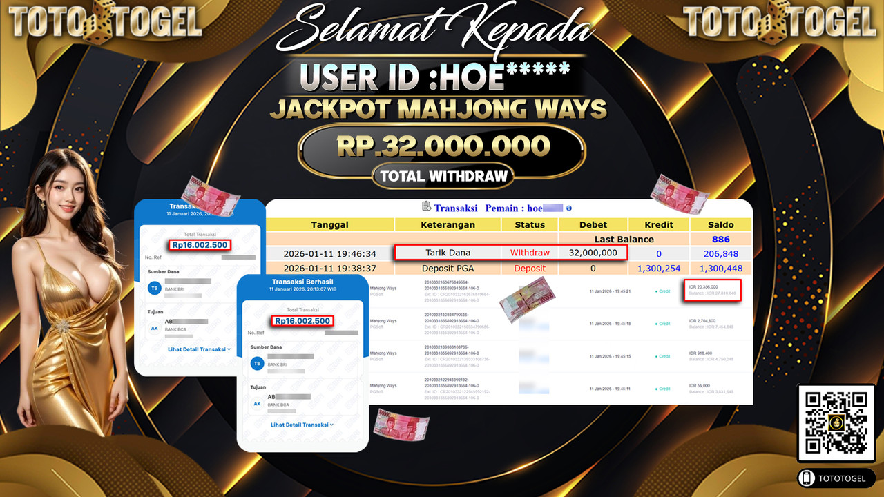 Bukti Pembayaran Jackpot Permainan Slot Mahjong Ways ID:HOE*****LUNAS
