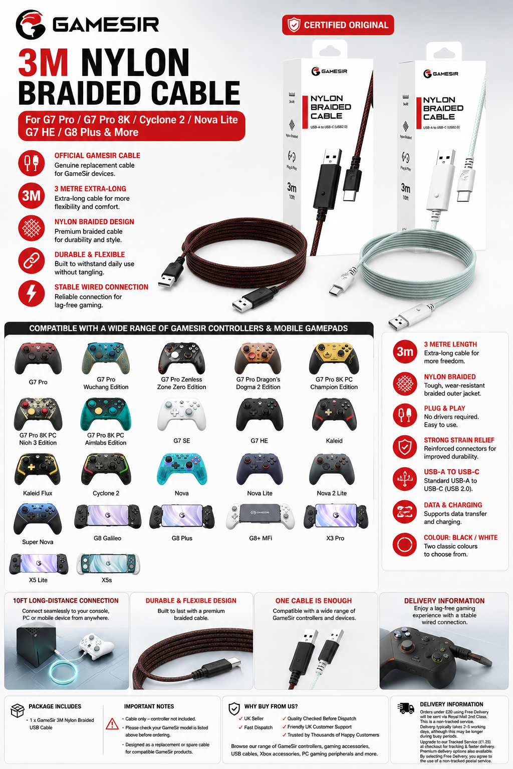 GameSir 3M nylon braided USB replacement cable and compatibility information