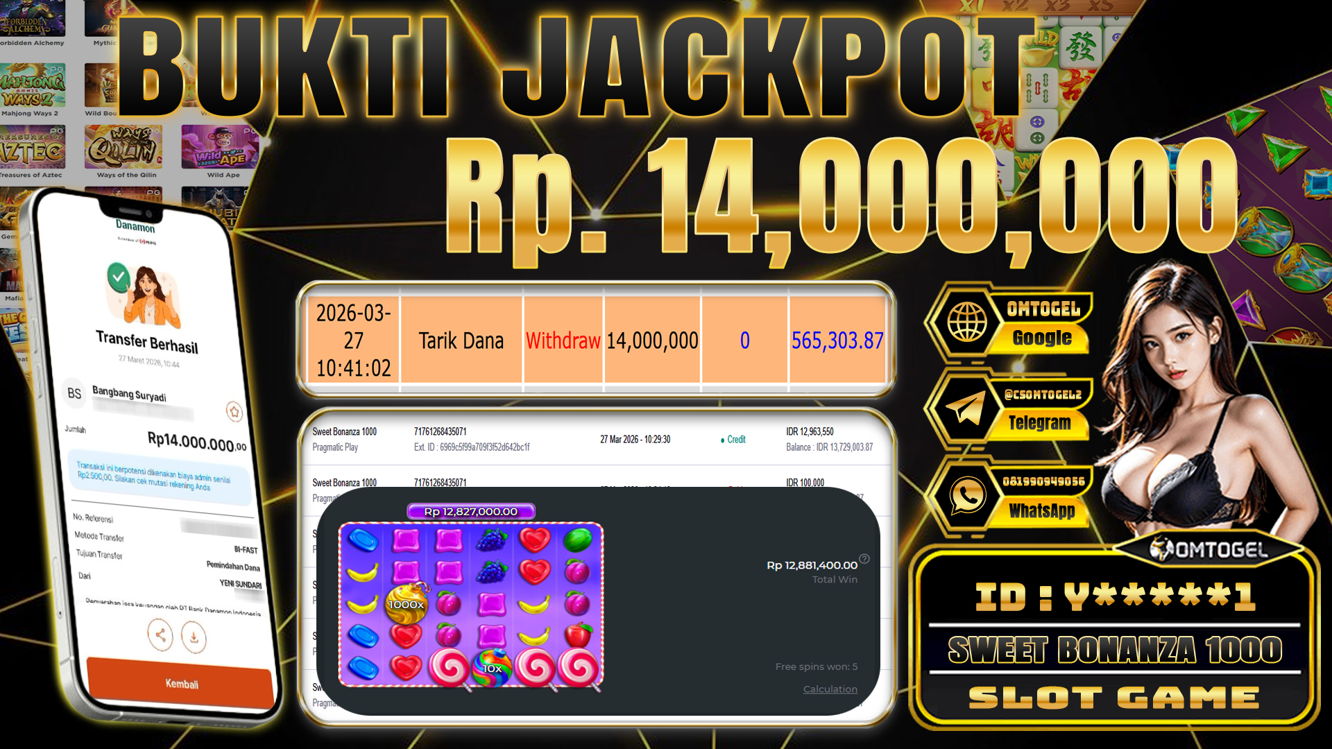 OMTOGEL JACKPOT PRAGMATIC PLAY SWEET BONANZA 1000 , 14 JUTA DI BAYAR LUNAS ,-