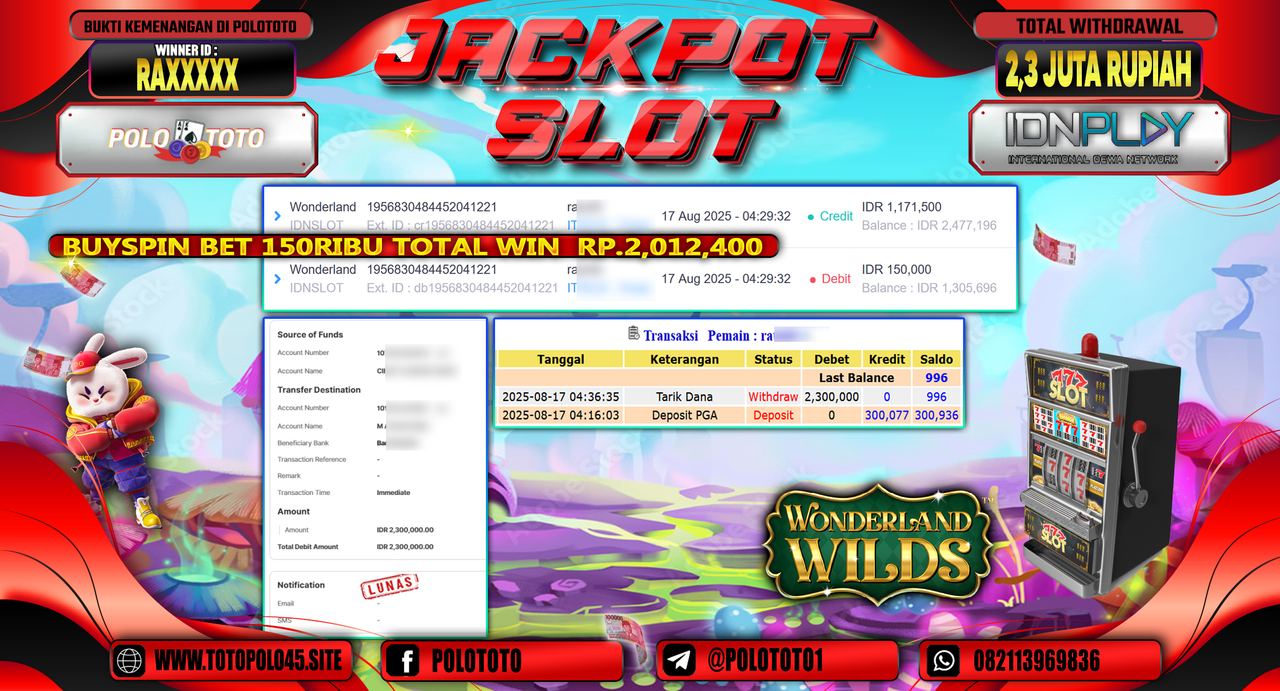 POLOTOTO JACKPOT SLOT WONDERLAND Rp.2.300.000,-