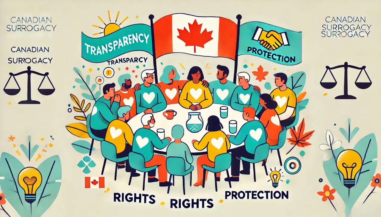 Illustration of advocates discussing reforms for Canadian surrogacy, emphasizing transparency, rights, and protections for surrogates and parents.