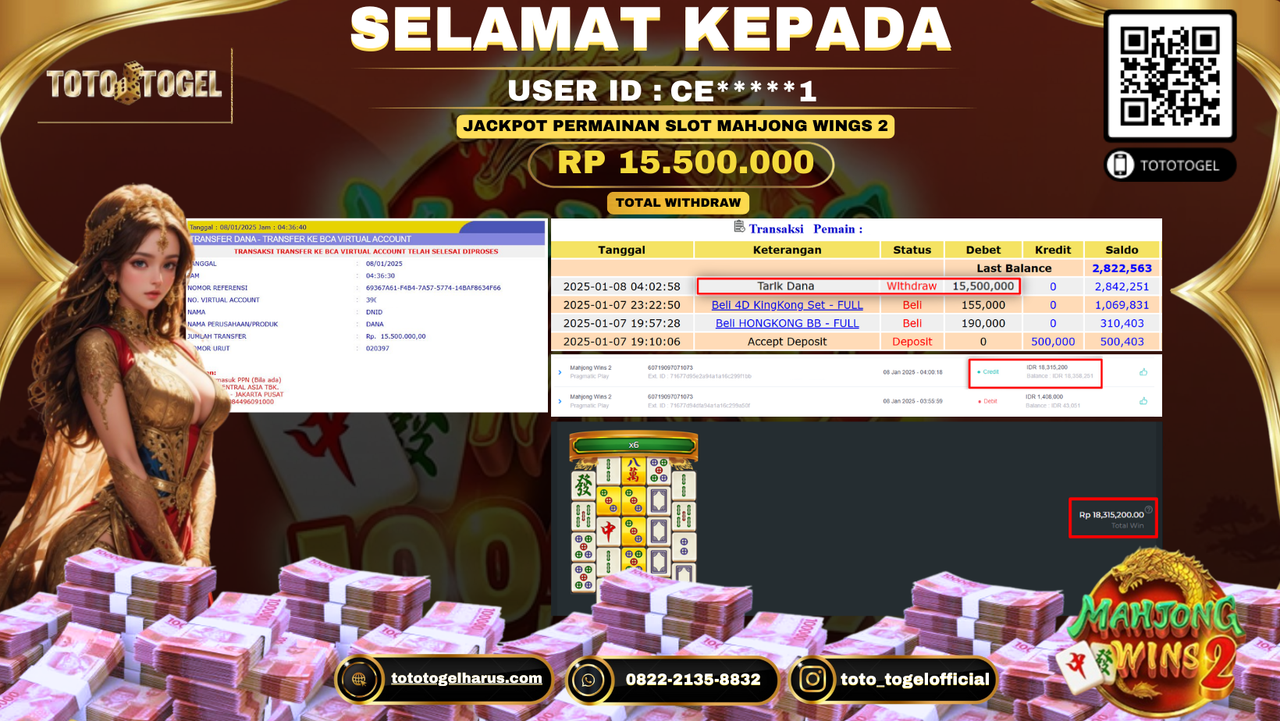 Bukti Pembayaran Jackpot  Permainan Slot Mahjong Wings 2  : CE*****1 LUNAS