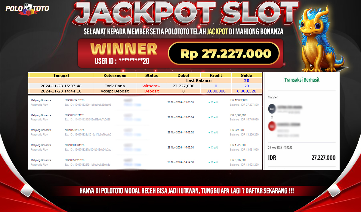 POLOTOTO JACKPOT SLOT MAHJONG BONANZA Rp.27,227.000,-