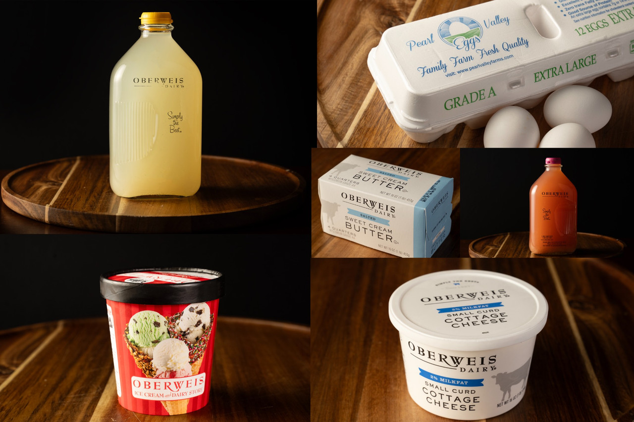 Packaged food product photography for Oberweis Dairy including milk, eggs, butter, ice cream, and cottage cheese