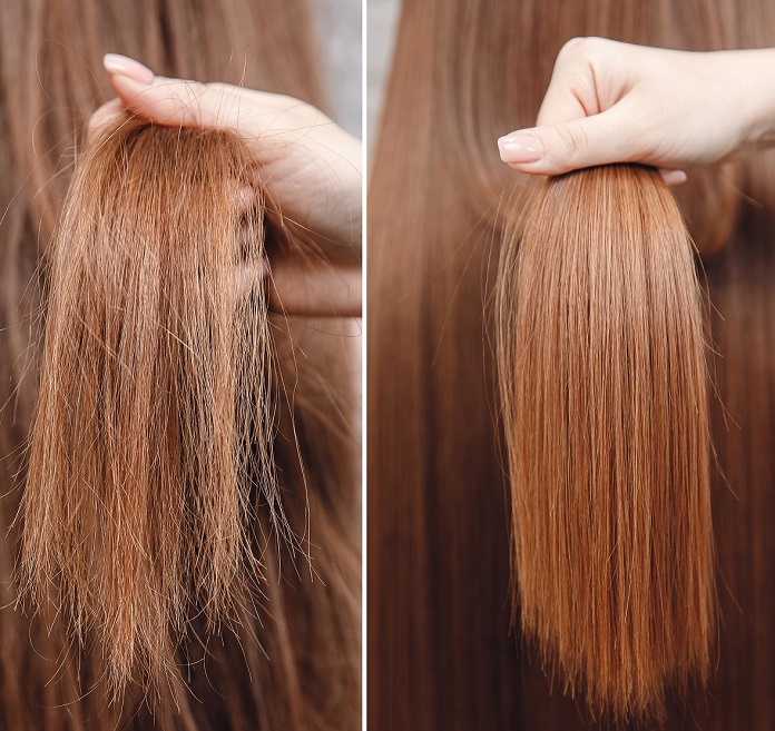 Long red hair before and after deep conditioning treatment