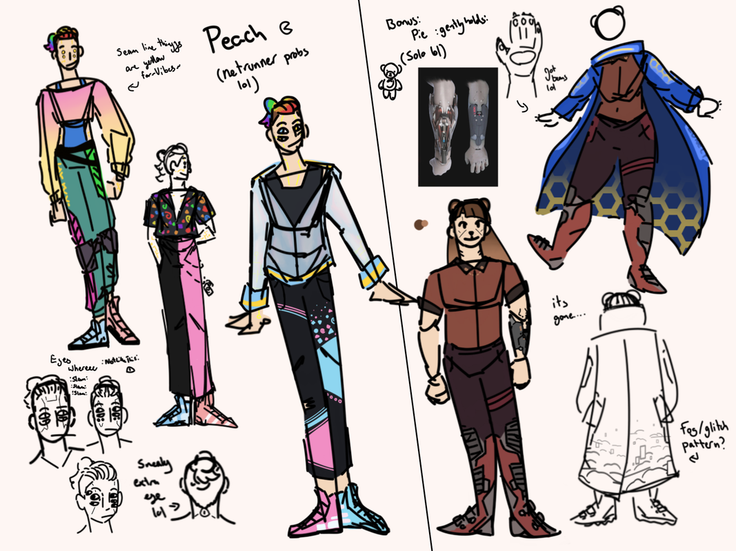 the lil guys r cyberpunk nowwww wooooooo, im pretty sure the whole gang was cyberpunk-au-ing when i did this?? cant remember now lol. also yea its obvs very cyberpunk2077 not just general cyberpunk, but that games kinda fun as hell so i dont care lmao design ideas for Peach and Pie in a cyberpunk au