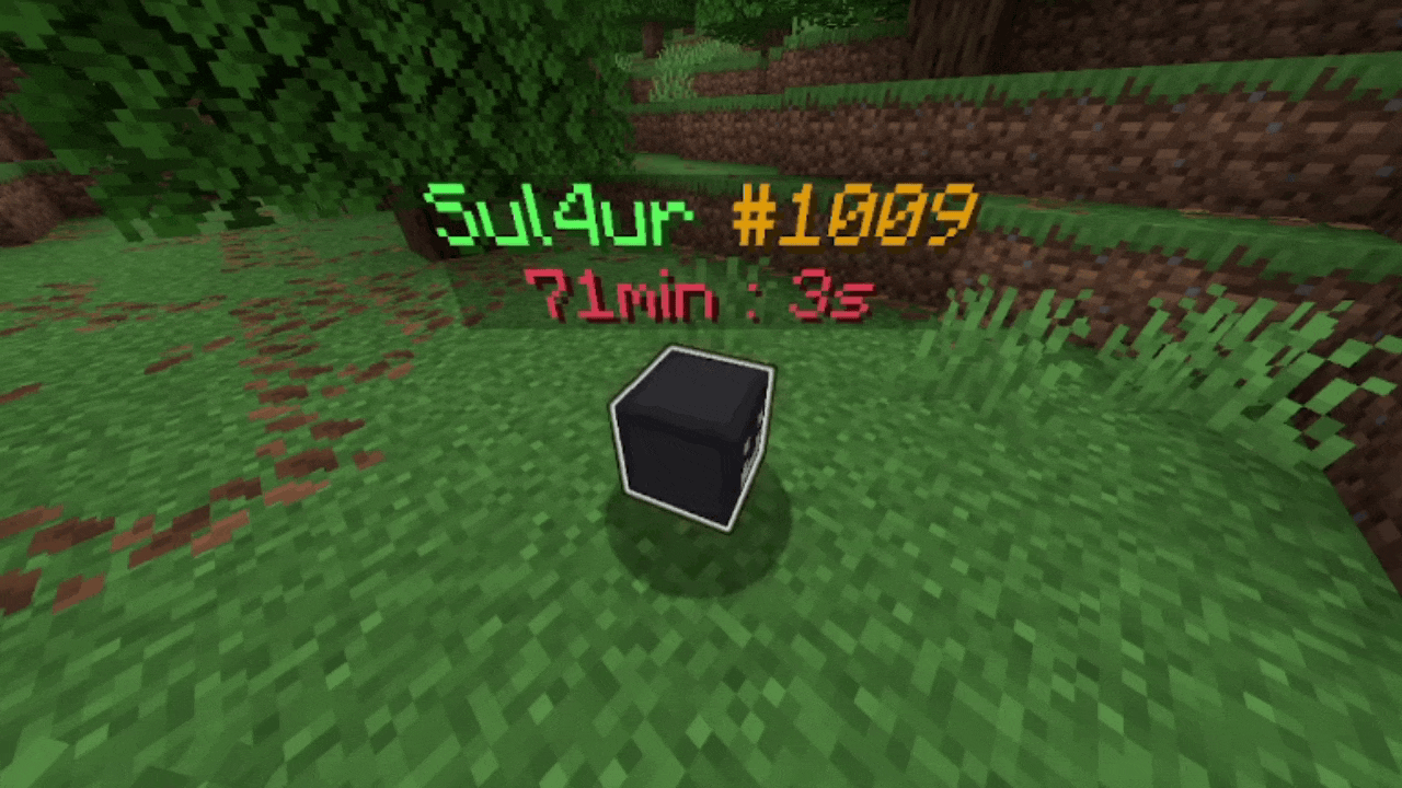 A glowing, floating and rotating player head with a text display on top, the first line displaying "Sul4ur #1009" and the second line displaying the grave's despawn time