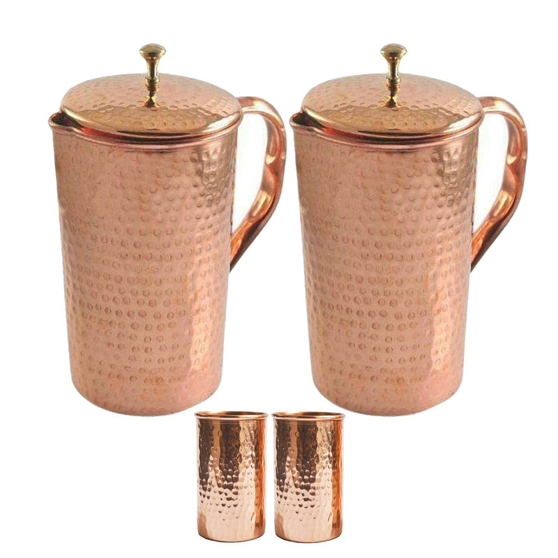 Jarra martillada de cobre puro con vaso de vidrio para servir agua beneficios para la salud regalos - Imagen 2 de 4