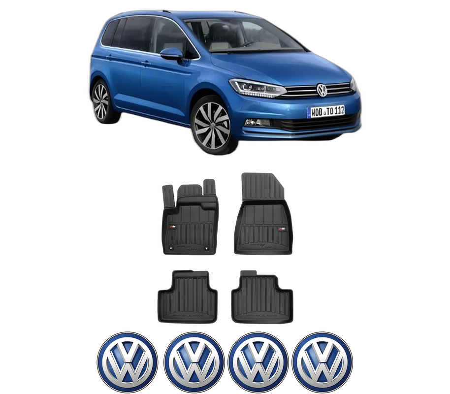 Set covorase presuri Volkswagen TOURAN (5T1) din 2015-2022, auto, din cauciuc thermoplastic, 4 Stickere auto cu Volkswagen