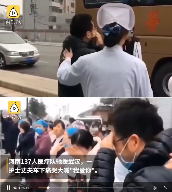 Seorang pria melepas kepergian istrinya yang menjadi perawat relawan di Wuhan