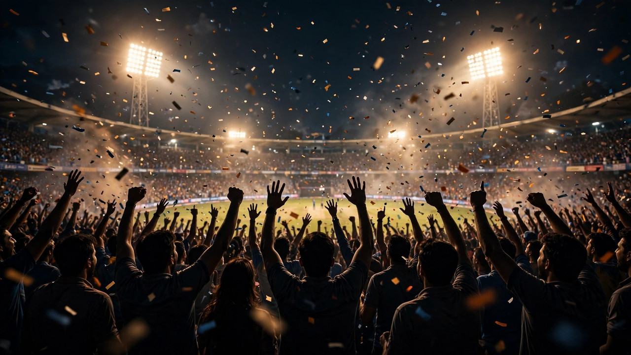 Fans celebrating a famous last-ball victory under floodlights in a packed cricket stadium at night