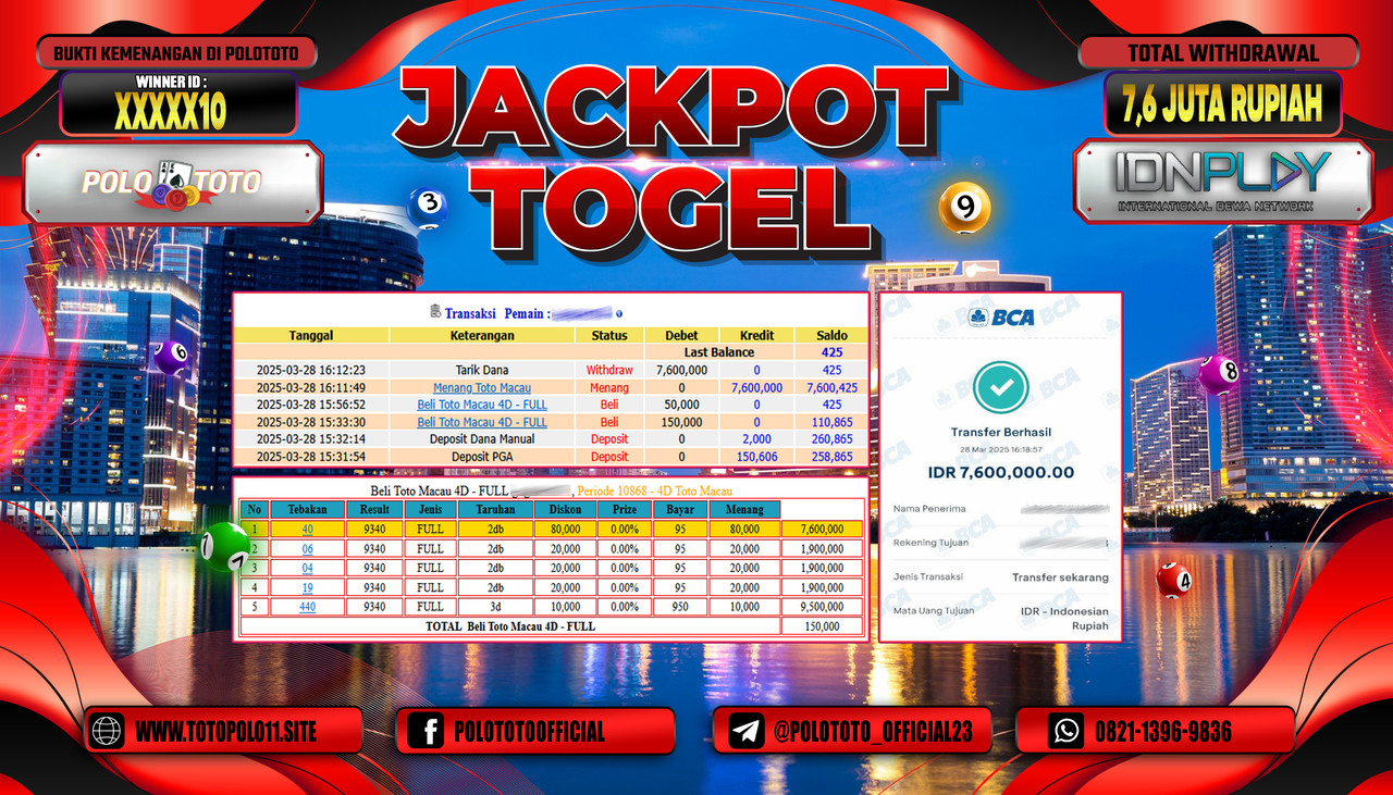 POLOTOTO JACKPOT TOGEL TOTOMACAU 4D Rp.7.600.000,-