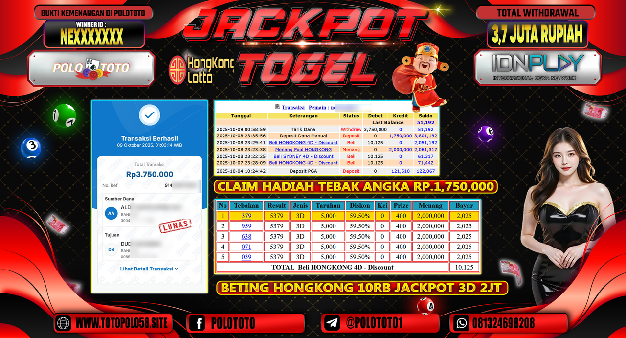 POLOTOTO JACKPOT TOGEL HONGKONG LOTTO Rp.3.700.000,- LUNAS