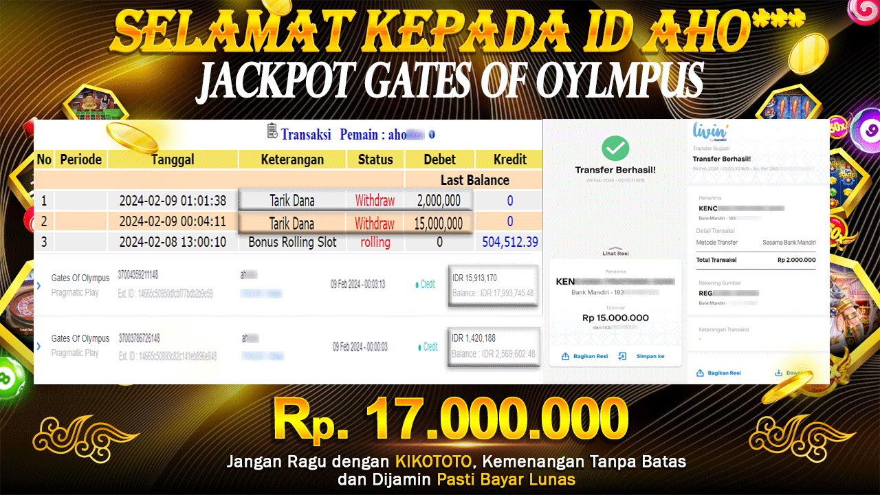 JECKPOT !! MODAL ROLINGAN DI SLOT ONLINE GATES OF OLYMPUS SEBESAR Rp 17,000,000 LANGSUNG DAN TANPA BASA BASI DI BAYAR KIKOTOTO !!!