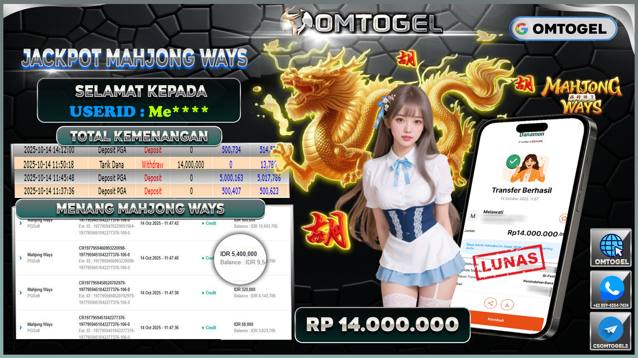OMTOGEL JACKPOT PGSOFT MAHJONG WAYS 14 JUTA DI BAYAR LUNAS ,-
