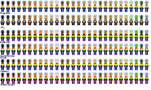 a row of people with pride flag shirts and light blue hair