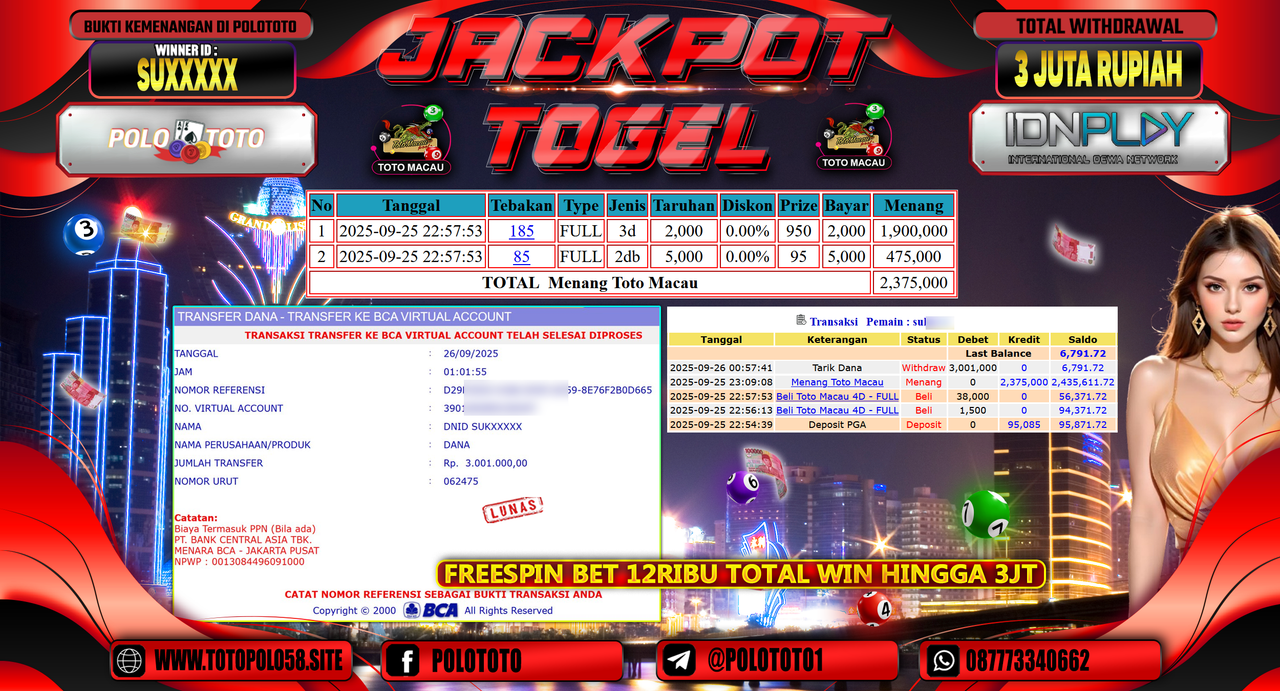 POLOTOTO JACKPOT TOGEL TOTO MACAU Rp.3.000.000,- LUNAS