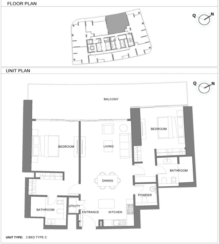 Detailed floorplan layout of a 2-bedroom apartment in Sobha SeaHaven - Tower C showing room configuration, balcony, and living areas as part of a Sobha SeaHaven Distress Deal opportunity