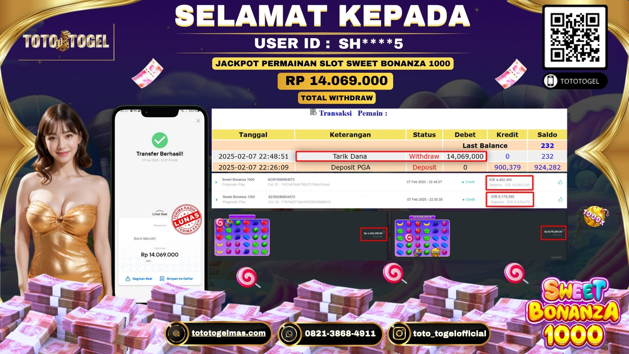 Bukti Pembayaran Jackpot  Permainan Slot Sweet Bonanza 1000  ID:SH****5  LUNAS