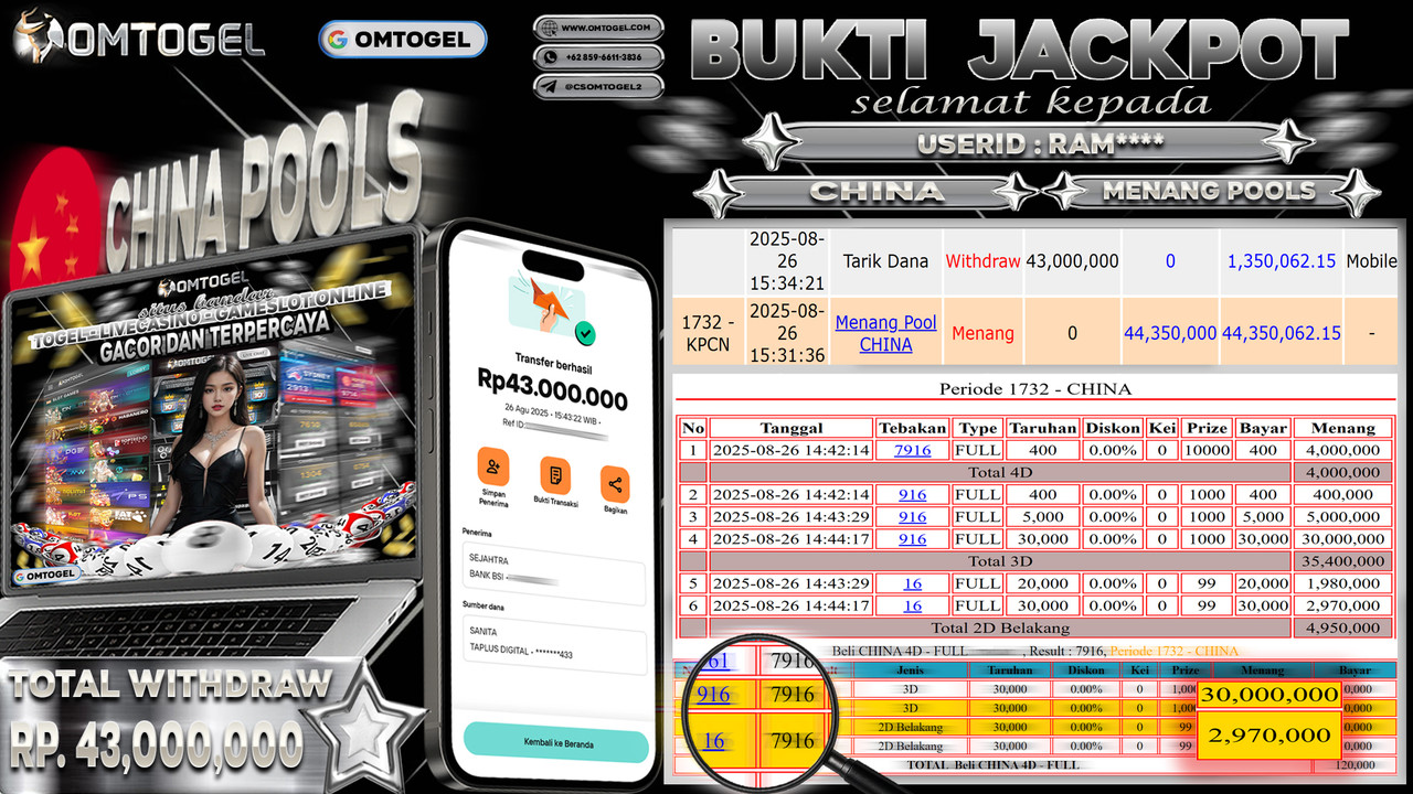 OMTOGEL JACKPOT CHINA 4D 3D 2D 43 JUTA DI BAYAR LUNAS ,-