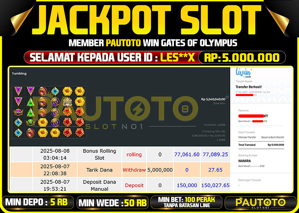 BUKTI PEMBAYARAN TGL 7 AGUSTUS 2025 MENANG DI PERMAINAN GATES OF OLYMPUS TOTAL WD 5 JUTA