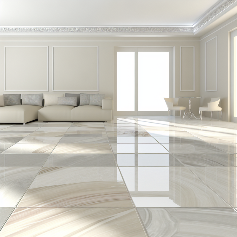 Современная гостиная с плиткой Emotion от Antica.su, мягкие пастельные цвета и естественное освещение.