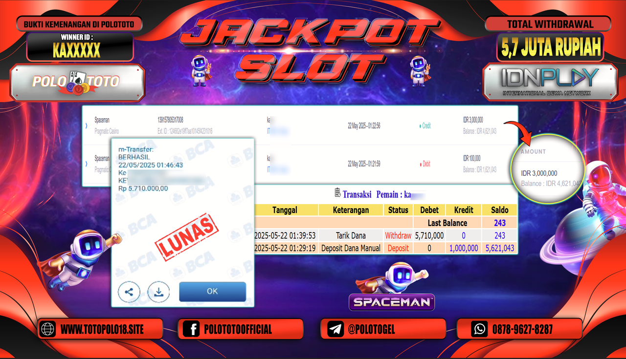 POLOTOTO JACKPOT SLOT SPACEMAN Rp.5.710.000,-