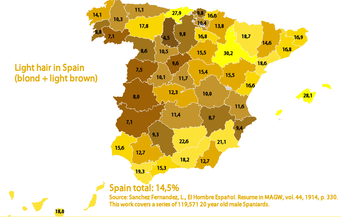 Spain blond hair and blue eyes maps (Sanchez Fernandez data)