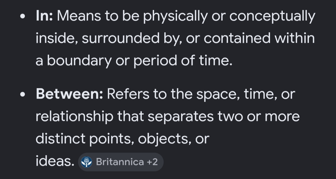 Difference of " in " and " between "